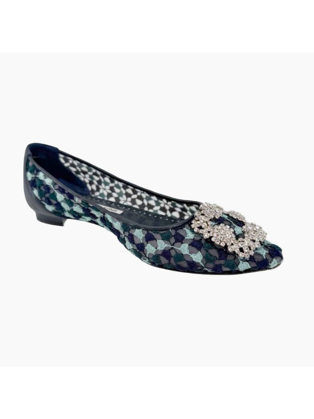 Manolo Blahnik Hangisi Ballet Flats Blue Lace Size 37.5 US 7.5 Crystal Pointed - Picture 11 of 15